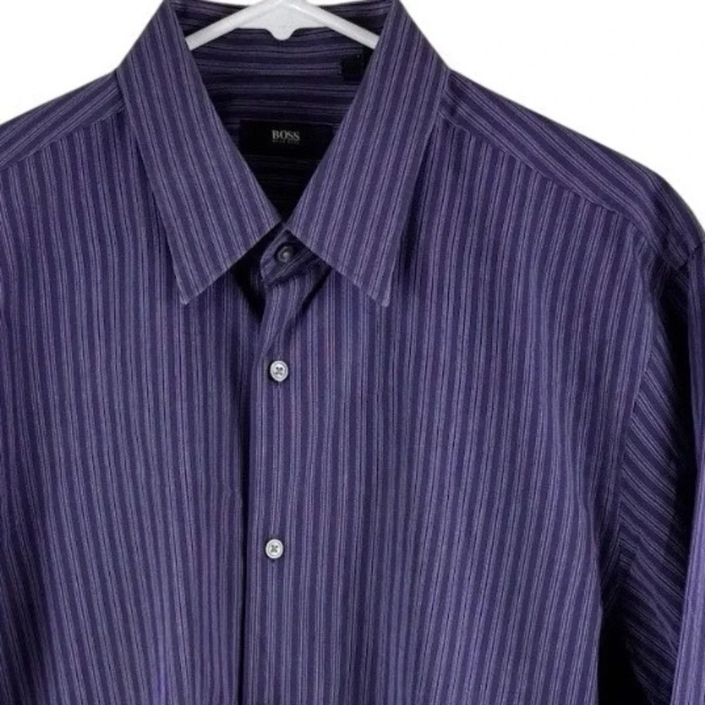 Hugo Boss Dress Shirt Mens 16.5‎ 34/35 Purple Pinstripe Brady US Button Down